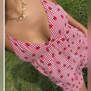 Mimosa Berry Picnic Cotton Gingham Cami Tank Blouse sz L Strawberry Girl